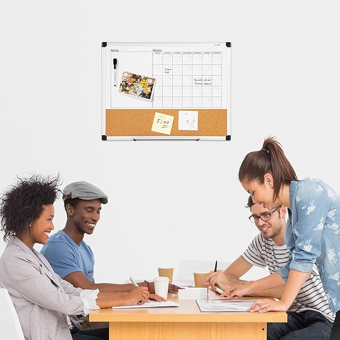 VUSIGN Monthly Calendar Whiteboard Dry Erase Cork Board Combo, 18" x 24" Planning Board, Silver Aluminium Frame-DeskLoop Office