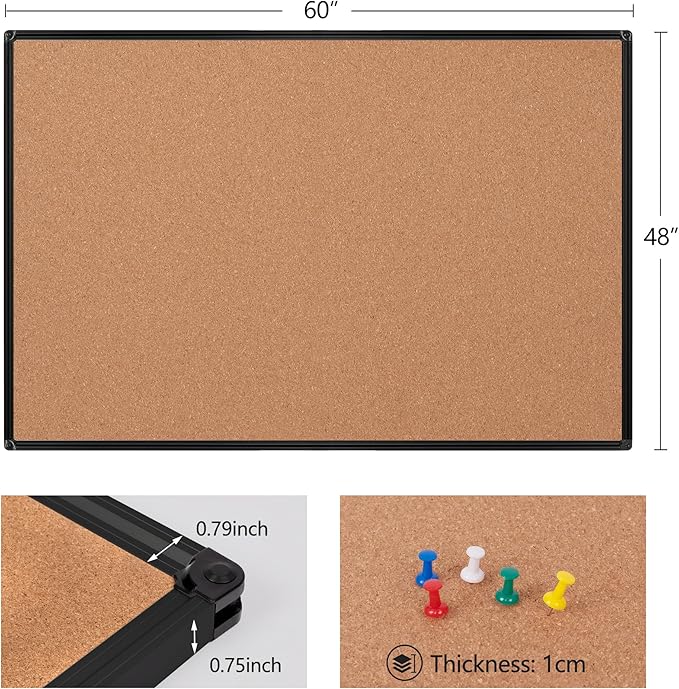 Board2by Extra Large Cork Bulletin Board 60" X 48", Black Aluminum Framed 5'x4' Corkboard for Wall, Wall Mounted Notice Pin Board with 18 Push Pins for School, Home & Office-DeskLoop Office