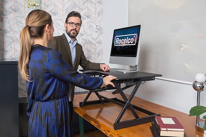 Rocelco 38" Large Height Adjustable Standing Desk Converter - Quick Sit Stand Up Dual Monitor Riser - Gas Spring Assist Tabletop Computer Workstation - Retractable Keyboard Tray - Black (R DADRB-38)-DeskLoop Office