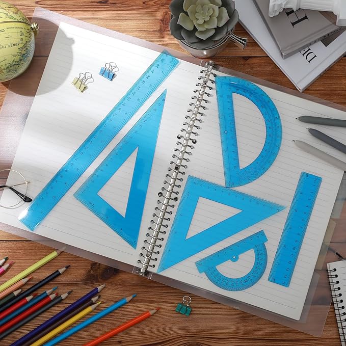 Tenare 6 Pcs Plastic Ruler Math Set Includes 12 Inch 6 Inch Straight Protractor Triangle Geometry Transparent Math Ruler Measuring Tools for School Office Home(Blue)-DeskLoop Office