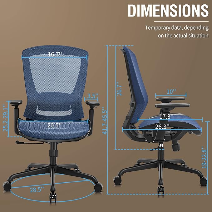 ELABEST Mesh Office Chair,Ergonomic Computer Desk Chair,Sturdy Task Chair- Adjustable Lumbar Support & Armrests,Tilt Function,Comfort Wide Seat,Swivel Home Office Chair (Blue)-DeskLoop Office