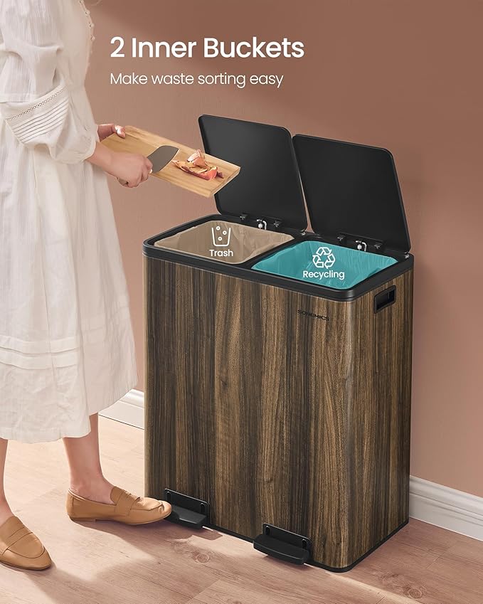 SONGMICS Trash Can, 2 x 8-Gallon Garbage Can for Kitchen, with 15 Trash Bags, 2 Compartments, Plastic Inner Buckets and Hinged Lids, Airtight, Dark Walnut ULTB060N02V1-DeskLoop Office
