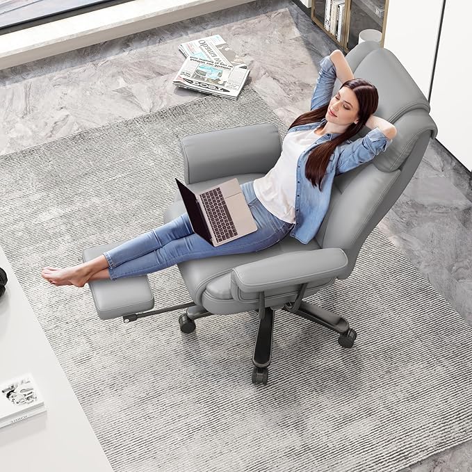 GYI Criss Cross Chair with Wheels, 160°Big and Tall Reclining Office Desk Chair with High Back, Wide Seat, Arms, Footrest, Grey-DeskLoop Office
