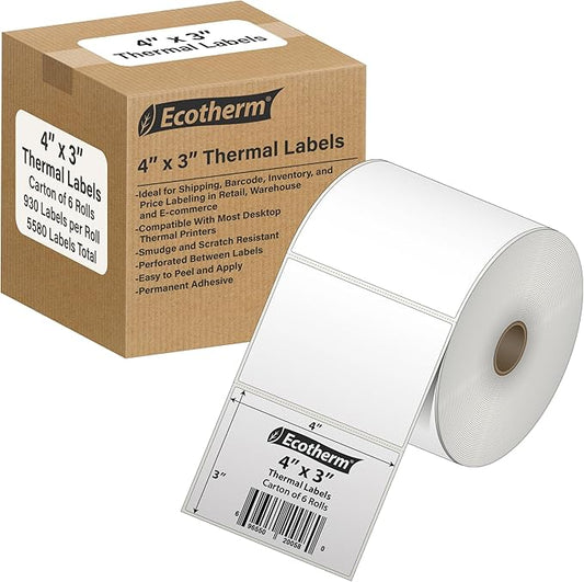 4" x 3" Thermal Labels | 6 Rolls | 5580 Labels | fits Zebra, Munbyn, Rollo, Godex, Arkscan, iDPRT, Offnova Thermal Label Printers and More | Blank White Adhesive Stickers by Ecotherm-DeskLoop Office