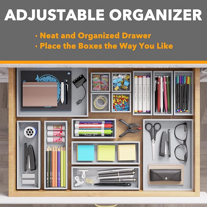 SpaceAid 14-Piece Bamboo Drawer Organizer Storage Boxes Set, Wood Tray Junk Drawer Organizers Multi-Use Divider Bins for Kitchen, Bathroom, Office Desk and Makeup Organization (14 Pack, Gray)-DeskLoop Office