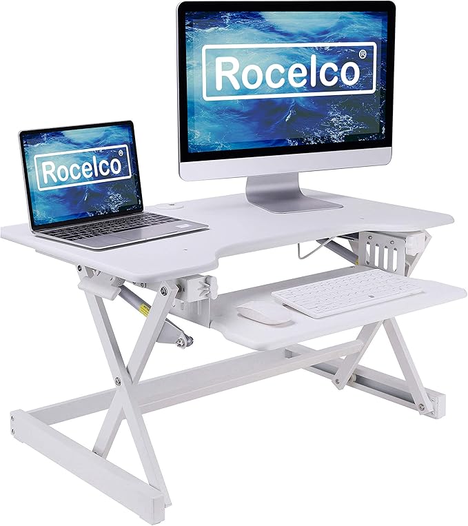 Rocelco 32" Height Adjustable Standing Desk Converter - Sit Stand Computer Workstation Riser - Dual Monitor Retractable Keyboard Tray Gas Spring Assist - Black (R EADRW)-DeskLoop Office
