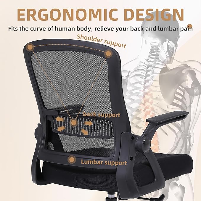Office Chair, Ergonomic Desk Chair with Lumbar Support, Breathable Mesh Chair with Flip-up Armrests and Mid Back, Comfy Task Computer Height Adjustable Swivel Chair (4, Black)-DeskLoop Office