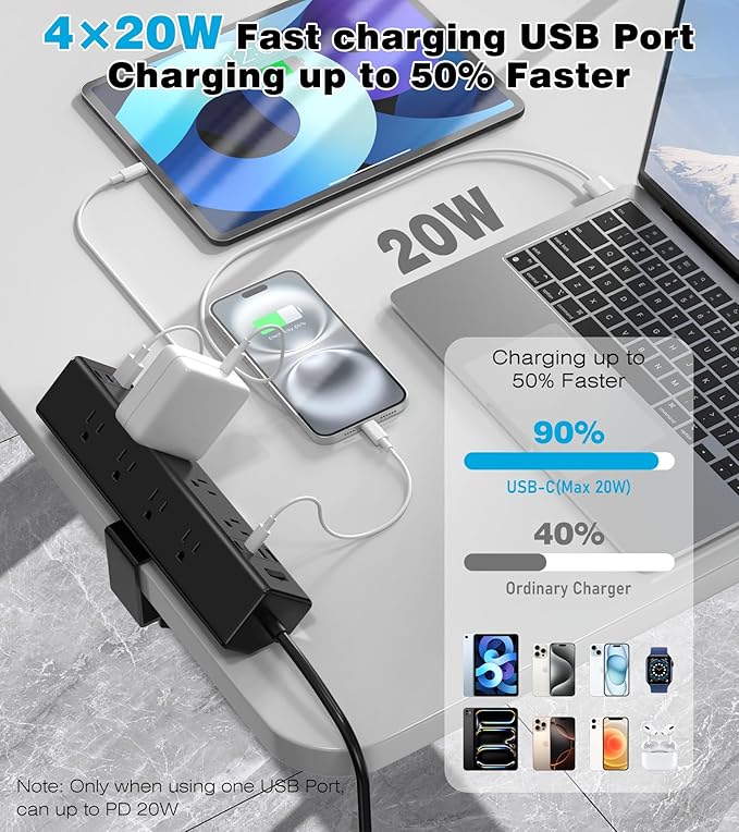 Desk Clamp Power Strip, 40W Total Fast Charging Station, Desk Edge Mount Power Strip, 8 USB Ports(4 USB C) & 8 AC Outlets, Fit 1.9" Tabletop Edge(6Ft 14AWG Cable)-DeskLoop Office