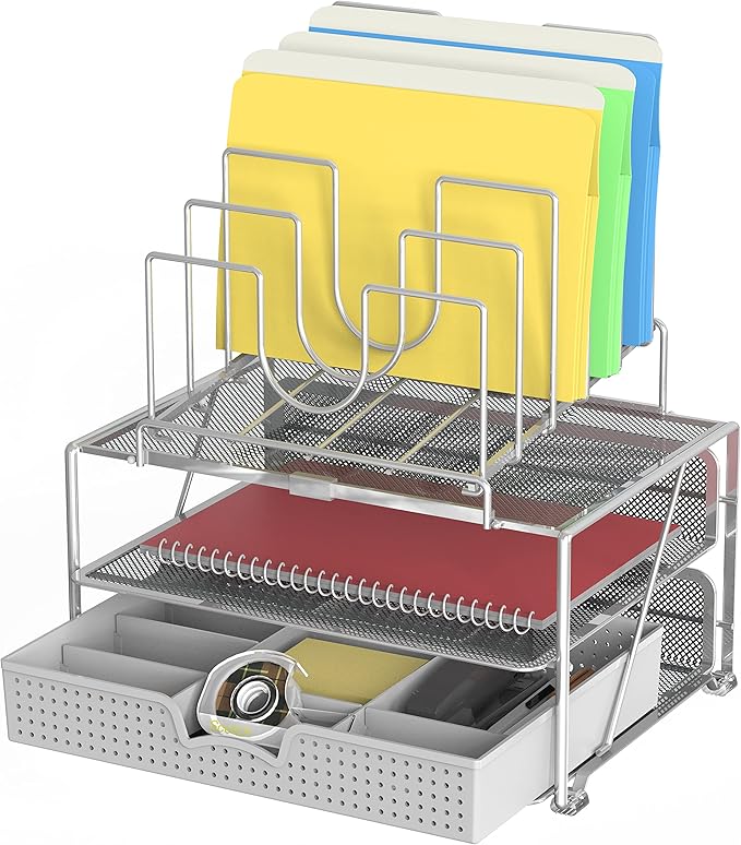 DecoBrothers Desktop File Organizer with Double Tray and 5 Folder Stand, Silver-DeskLoop Office