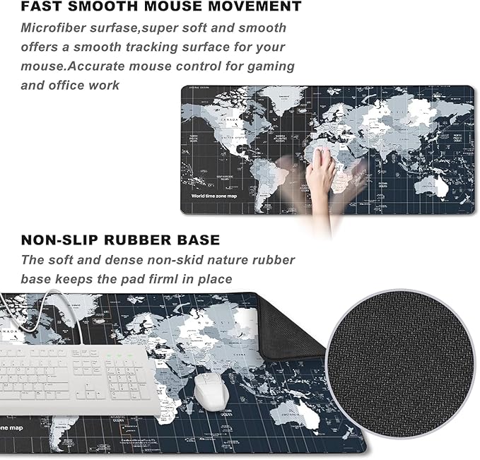 Large Mouse Pad, Desk Mat Large Office Desk Pad Gaming Mouse Pad with Stitched Edges, 35.4" x 15.7" Mousepad with Non-Slip Waterproof Rubber Base for PC Laptop Desk Home Office Accessories, Map
