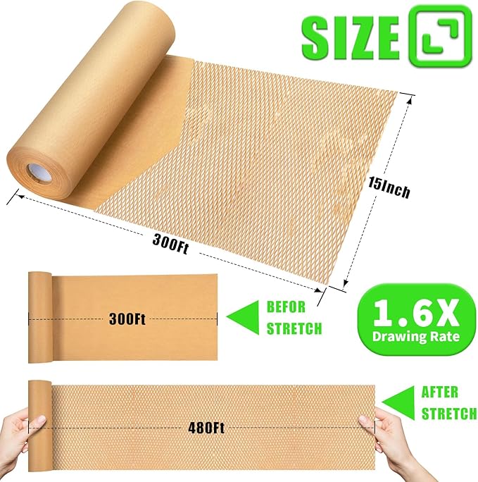 Honeycomb Packing Paper, MINHAO 15"x300' Eco Friendly Packing Paper for Moving Recyclable Honeycomb Paper Moving Supplies Bubble Paper Wrapping Protective Roll, With 36 Fragile Sticker Labels-DeskLoop Office