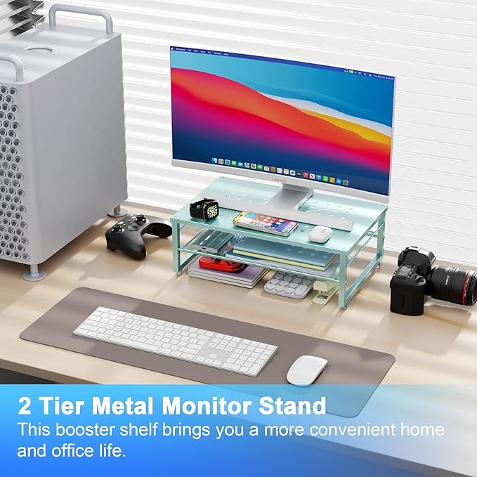 gianotter 2-Tier Metal Monitor Stand Riser, Desk Organizer for Monitor, Office Desk Storage Organizer for Office Supplies (Blue)-DeskLoop Office