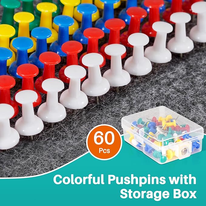 60Pcs Push Pins for Bulletin Board, Thumb Tacks for Cork Board, Colorful Plastic Head, Steel Tip, Thumbtacks for Wall Poster Photo Maps Pictures Office Home Decor-DeskLoop Office