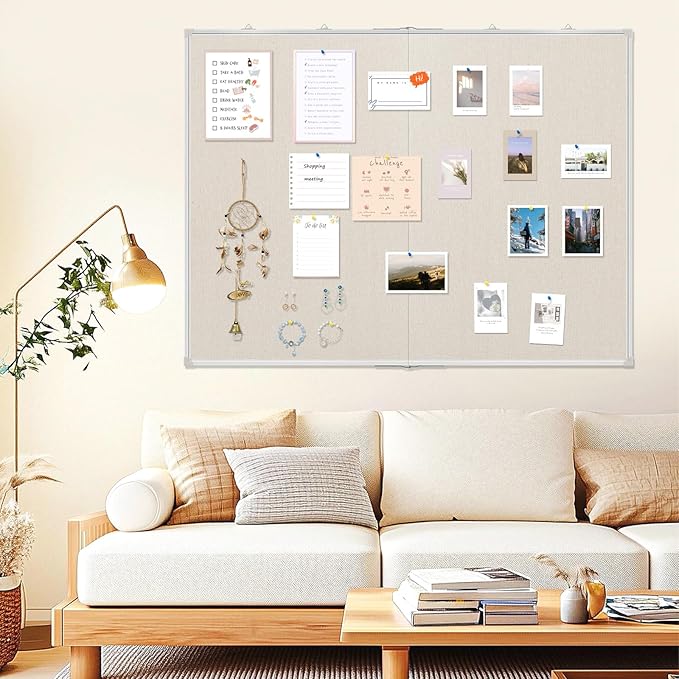 Double-Sided Large Cork Board with Linen, 60" x 40" Foldable Hanging Aluminum Framed Bulletin Board, Vision Board Pin Board Corkboards for Walls, Office, School Decor, 20 Pushpins-DeskLoop Office