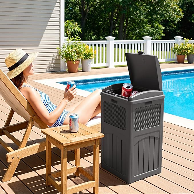 Greesum 33 Gallon Outdoor Trash Can with Lid, Waterproof Resin Garbage Bin for Hideaway, Deck, Patio, Gray-DeskLoop Office