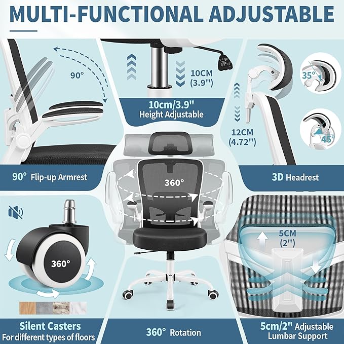 FelixKing Ergonomic Office Chair, Headrest Desk Chair with Adjustable Lumbar Support, Home Office Swivel Task Chair with High Back and Armrest, Adjustable Height Gaming Chair (White)-DeskLoop Office