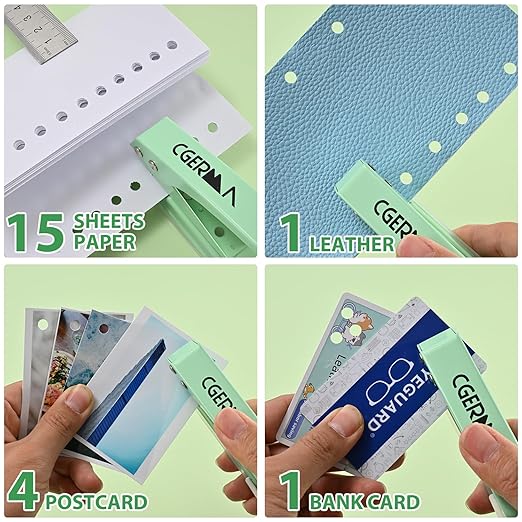 Single Hole Puncher, 1/4" Hole, 50% Labor Savings, Heavy Duty Metal Punch, 15 Sheet Capacity, for ID Cards, Chipboard, Art Project, Crafts Easy Punching, Green-DeskLoop Office