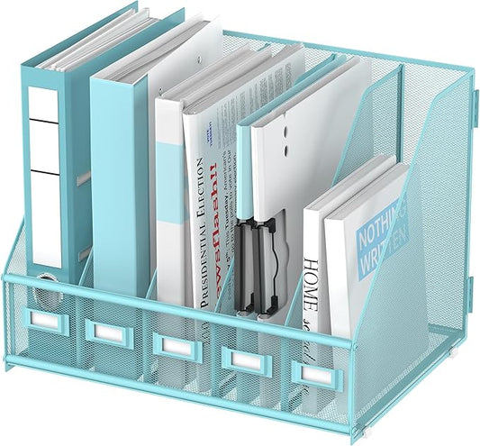 SUPEASY Desk Organizers Metal Desk Magazine File Holder with 5 Vertical Compartments Rack File Organizer for Office Desktop, Home Workspace, Blue Plus-DeskLoop Office