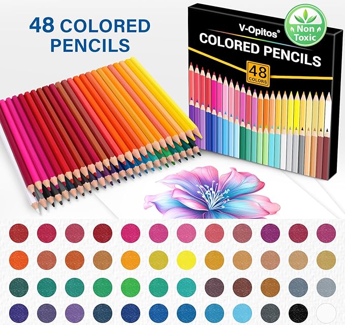 V-Opitos 48 Pack Colored Pencils Set, Pre-sharpened Coloring Pencils for Kids Beginners, Colored Pencils for Adult Coloring Books, Ideal Art Supplies for Sketching, Coloring & Painting-DeskLoop Office