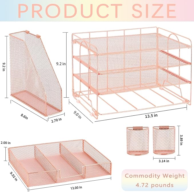Desk Organizer and Accessories, 4-Tier Desktop File Organizer with Drawer and 2 Pen Holders, Office Desk Accessories for Office Supplies(Rose Gold)-DeskLoop Office