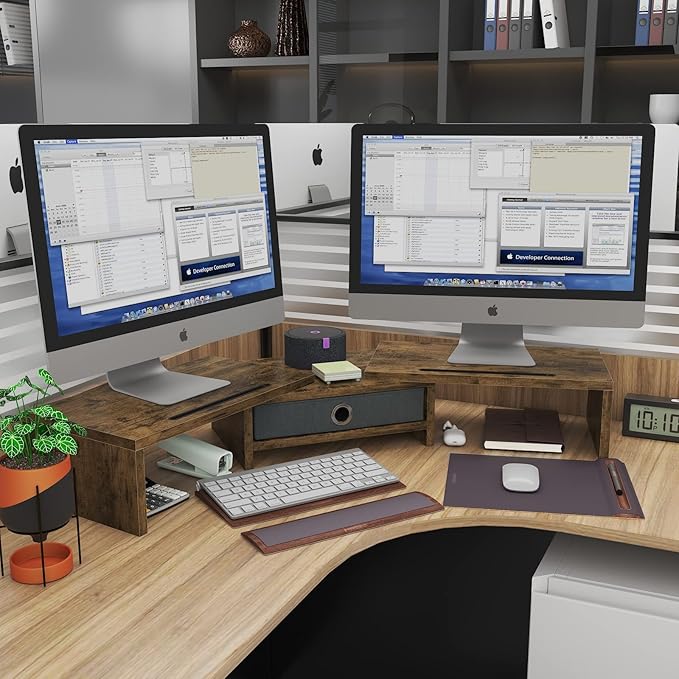 WESTREE Dual Monitor Stand Riser with Drawer, 3 Shelf Computer Monitor Riser with Adjustable Length and Angle, Desktop Monitor Stand Riser Storage Organizer for 2 Monitors-DeskLoop Office