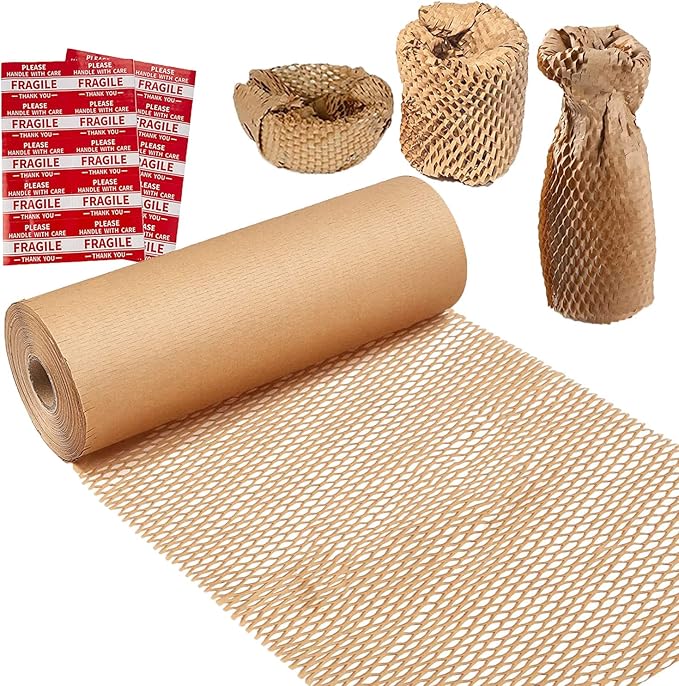 Honeycomb Packing Paper,12" W x 200' L Bubble Cushioning Wrap for Moving,Products & Gifts Wrapping Paper,Recyclable and Biodegradable Cushioning Packing Material with 20 Fragile Sticker Labels-DeskLoop Office