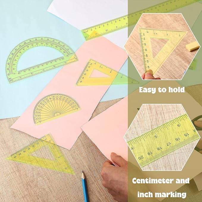 Zonon 1 Set Plastic Geometry Math Set Includes Drawing Compass, 6 Inch 4 Inch Protractor, 45/60 Degree Triangle Rulers 12 Inch 6 Inch Math Ruler Transparent for Office Supplies(Yellow)-DeskLoop Office