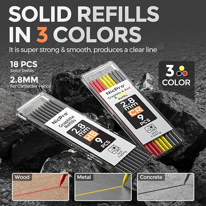 Nicpro CP3000 Carpenter Pencil with Sharpener, 2.8mm Mechanical Pencils with 19 Refill, Deep Hole Marker for Construction, Heavy Duty Woodworking Pencil, Carpenter Tools for Architect Marking (Orange)-DeskLoop Office