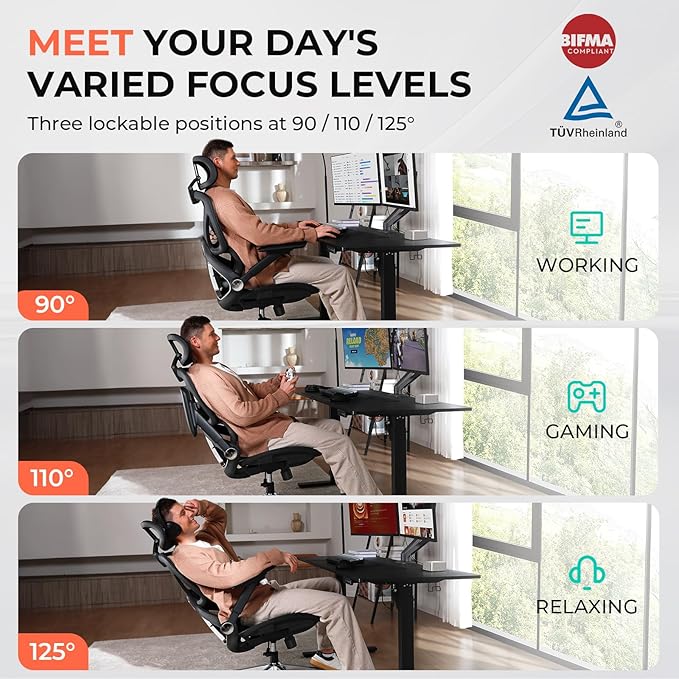 CAPOT Ergonomic Mesh Office Chair, Adjustable Lumbar High Back Desk Chair 400lbs, 4D Flip-up Arms, 3-Level Tilt Backrest, 3D Headrest, PU Wheels, Swivel Rolling Computer Seating for Long Desk Work-DeskLoop Office