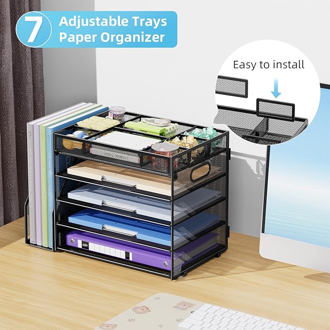 Marbrasse 5-Tier Desk Organizer with File Holder,Paper Letter Tray Organizer,Desktop File Organizer with Adjustable Compartments,Mesh Desk Organizers and Accessories for Office Supplies,Black-DeskLoop Office