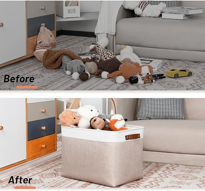 DULLEMELO Fabric Storage Bins, Lining Fabric Baskets For Gifts, Large Storage Baskets for Toys Books Clothes Storage, Foldable Storage Basket for Office Home Shelves Closets Organizing(White&Khaki)-DeskLoop Office