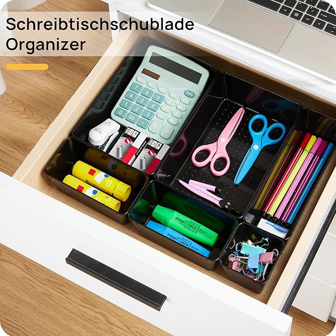 Vtopmart 25 PCS Office Desk Drawer Organizers Set, 4-Size Versatile Plastic Drawer Organizer Trays, Storage Bins for Desk Accessories Office Organizers and Storage, Bathroom, Makeup, Vanity, Black-DeskLoop Office