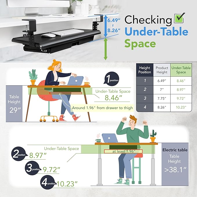 EHO Keyboard Tray with Drawer - Clamp On Under Desk Pull Out Extender Table Attachment Platform with Storage Organizer, Large 27.5" (31.8" Including Clamps) x 12.2", Height Adjustable for Home Office-DeskLoop Office