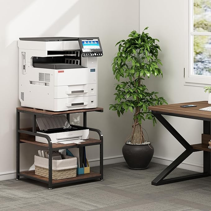 23.6" Deep Extra Large Printer Stand, 3 Tier Printer Table with Adjustable Storage Shelf, Rolling Printer Cart with Industrial Wheels for Home Office, Rustic Brown-DeskLoop Office