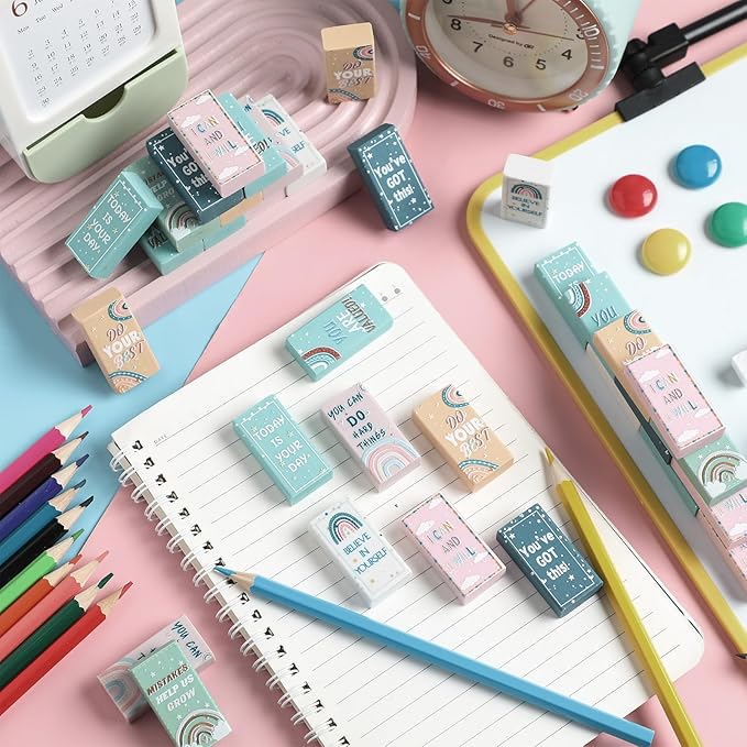200 Pcs Back to School Inspirational Erasers Bulk Gifts Boho Everyone is Welcome Classroom Decor Fun Rainbow Motivational Pencil Erasers for Classroom Office Teacher Artists Prize Reward-DeskLoop Office