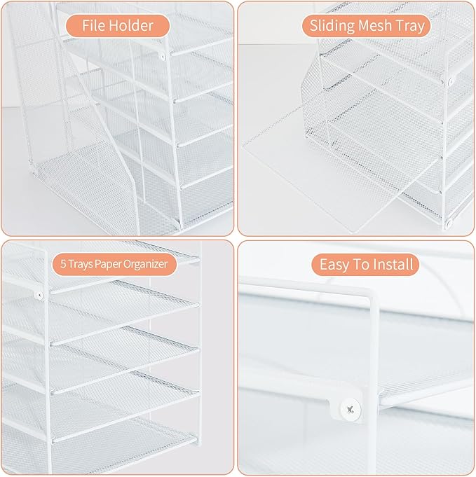 Desk Organizers and Accessories, 5-Tier Paper Letter Tray Organizer with File Holder, Desktop Organizer for Office Supplies, Office Desk Accessories & Workspace (White)-DeskLoop Office