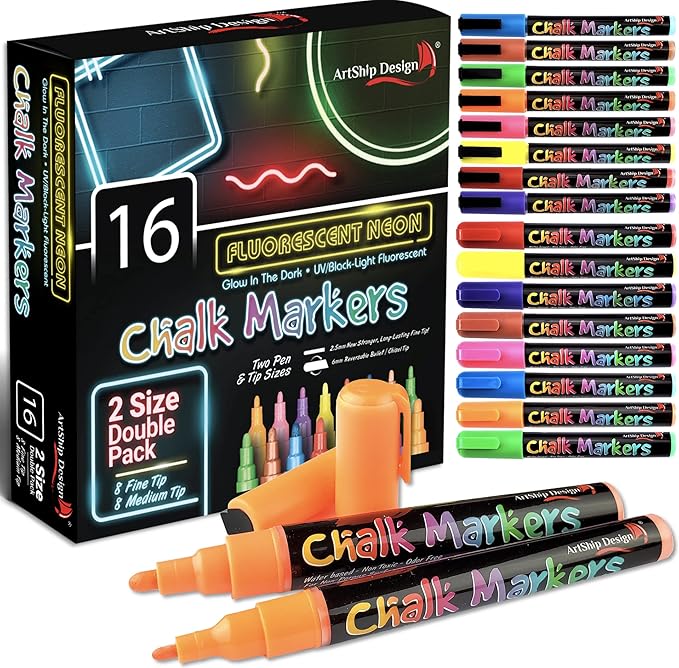 16 UV Fluorescent Neon Chalk Markers - Double Pack of Both Fine & Reversible Medium Tip Liquid Chalk Pens Wet Erasable Menu Boards, Glass, Whiteboards, Mirrors, Non-Porous Chalkboards, Plastic, Metal-DeskLoop Office