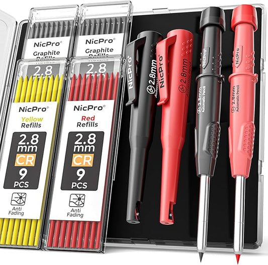 Nicpro CP3000 Carpenter Pencil with Sharpener, 2 Pack Mechanical Pencils Set with 38 Refills, Deep Hole Marker for Construction, Heavy Duty Carpenter Tools for Architect Marking (Black, Red)-DeskLoop Office