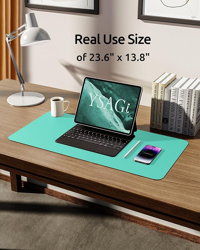 YSAGi Leather Desk Protector, Office Mat, Large Mouse Mat, Non-Slip PU Leather Blotter, Laptop Desk, Waterproof Writing Pad for Office and Home (Calamine Blue, 23.6" x 13.8")
