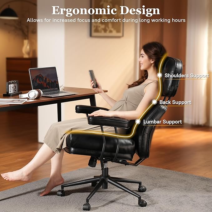 Mid Century Modren Big and Tall Office Chair,Large Ergonomic Executive Chair for Heavy Duty People, Computer Desk Task Chair with Wheels, Faux Lether Fabric Wide Chair for Home Sturdy,Black-DeskLoop Office