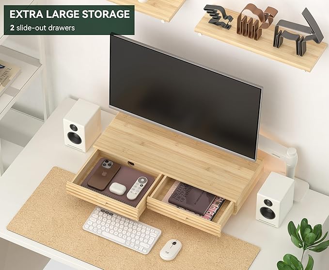 Bamboo Monitor Stand with Drawer - Desk Organizer with Cable Management & Storage, Ergonomic Laptop Riser for Home Office (220lbs Capacity, 24 inch ,Natural)-DeskLoop Office