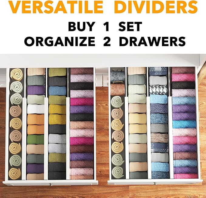 SpaceAid Bamboo Dresser Drawer Dividers 6 Pack, 4.65“ High Adjustable 17“-22” Drawer Organizers, Expandable Organization for Clothing, Clothes, Dressers, White-DeskLoop Office