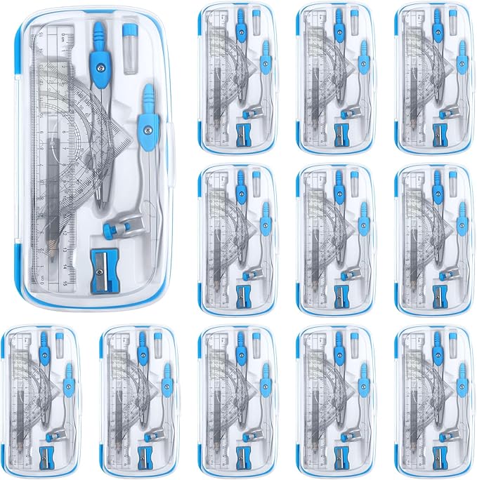 Teling 12 Sets Math Geometry Kit for Students 10 Pcs Compass Geometry Tools Set Includes Rulers Protractor Compass Eraser Pencil Sharpener Lead Refills Pencil (Blue)-DeskLoop Office