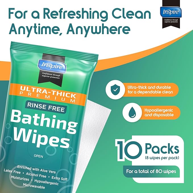 Inspire Ultra Thick Rinse-Free Bath Towels | Shower Towels - Flush-Free Wet Wipes with Aloe | Thick Strong Extra Large Towel for Adults | Body Wipes for Adults Bathing No Rinse-DeskLoop Office