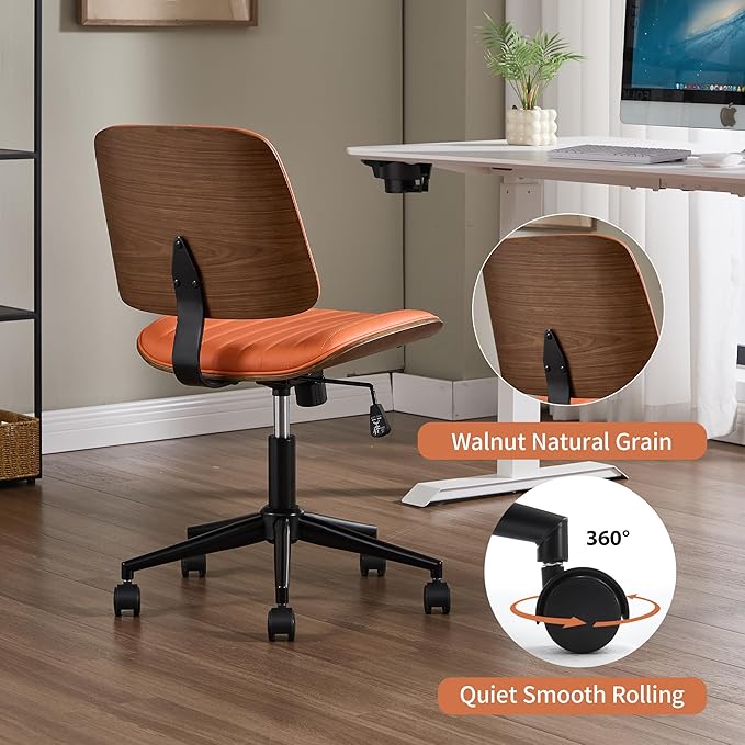 Small Home Office Chair - Armless Mid Back Desk Chair with 360° Swivel and Wheels, PU Upholstered Height Adjustable Modern Walnut Computer Chair for Home, Office Meeting Room - Orange-DeskLoop Office