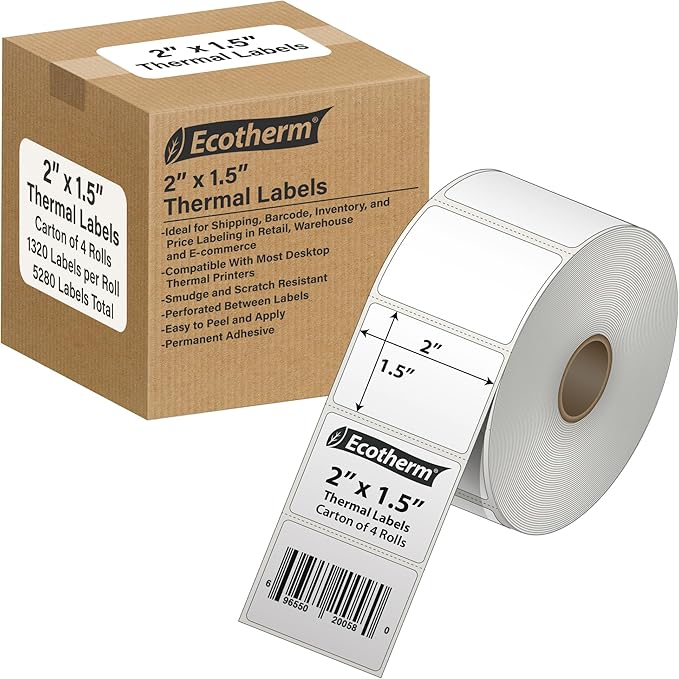 2" x 1.5" Thermal Labels | 4 Rolls | 5280 Labels | fits Zebra, Munbyn, Rollo, Godex, Arkscan, iDPRT, Offnova Thermal Label Printers and More | Blank White Adhesive Stickers by Ecotherm-DeskLoop Office