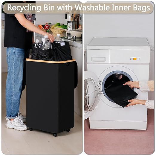 efluky Recycle Bins for Kitchen 100L (26 Gallon), Recycling Bin with Wheels and 2 Removeable and Reusable Inner Bags, Kitchen Recycling bin with lid for Bottle Can Plastice Stickers, Black-DeskLoop Office