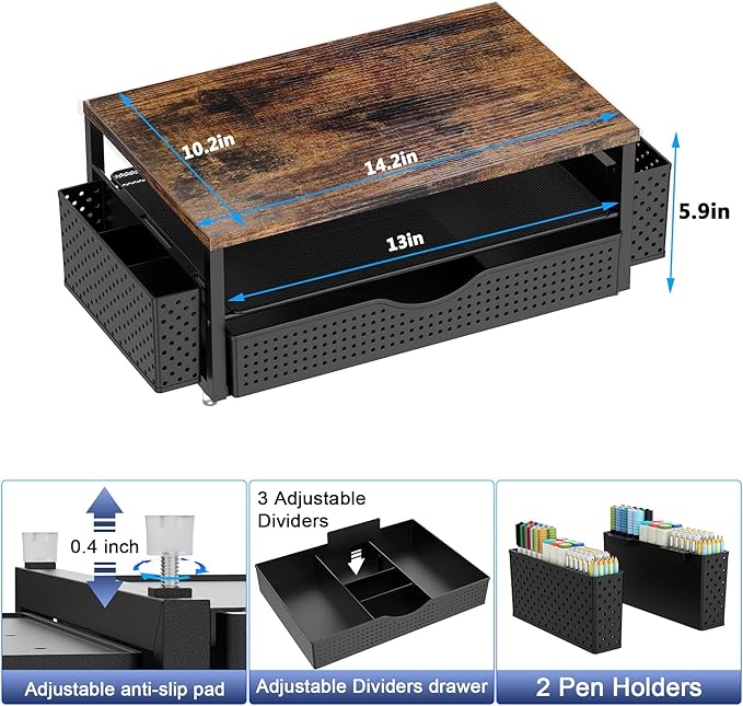Desk Organizer and Accessories, Computer Monitor Stand Riser with Drawer and 2 Pen Holders, Office Desk Accessories & Workspace Organizers for Office Supplies (Wood)-DeskLoop Office