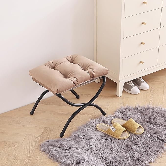 LITA Folding Upholstered Footrest Stool, Modern Small Portable Accent Ottoman with Detachable Thick Cotton Cushion Padded Sofa Stool with Metal Frame for Lazy Chair, Living Room & Bedroom, Khaki-DeskLoop Office