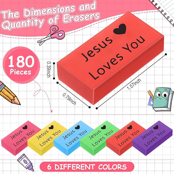 180 Pcs Inspirational Erasers for Kids Christian Pencil Erasers Bulk, Back-to-School Gifts Motivational and Cute Supplies for Students Classrooms, Drawing(Multicolor,Jesus Loves You)-DeskLoop Office